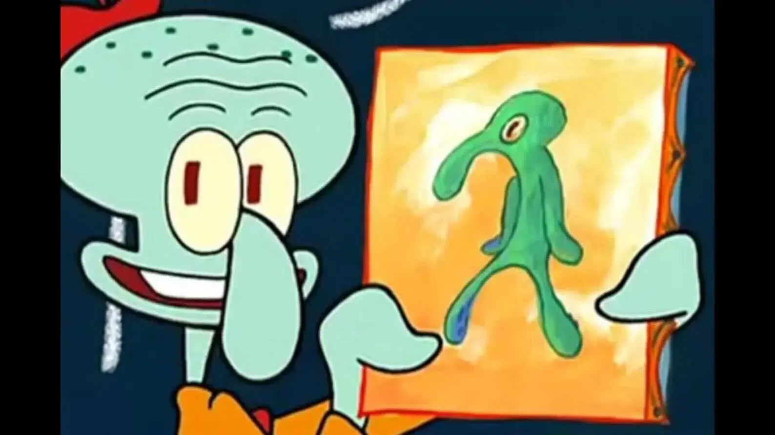 Reference photo of squidward holding Bold and Brash up next to his face and smiling